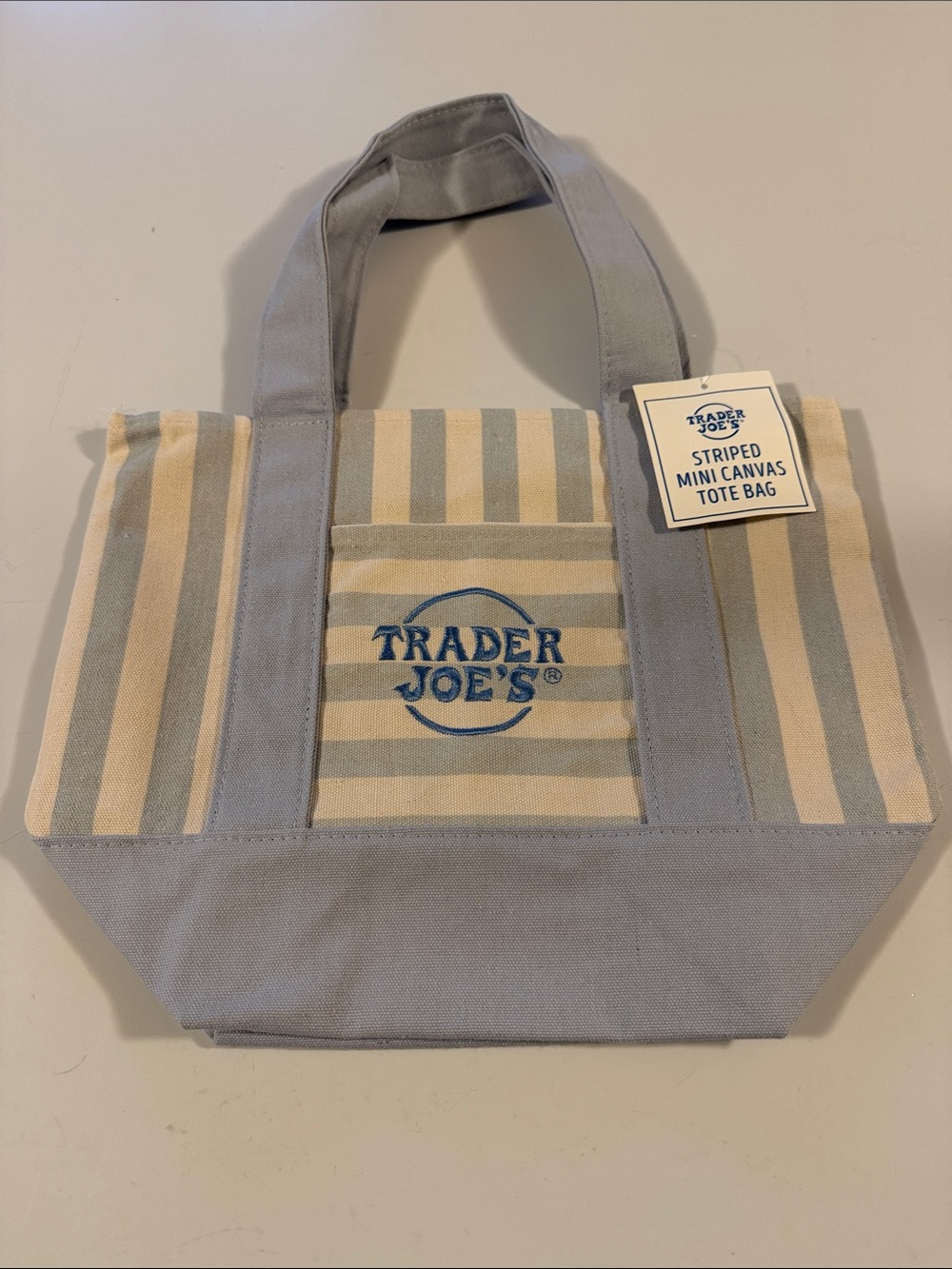 Trader Joe’s Striped Mini Canvas Tote Bag Blue & Cream NWT Reusable Grocery Bag - Picture 1 of 8